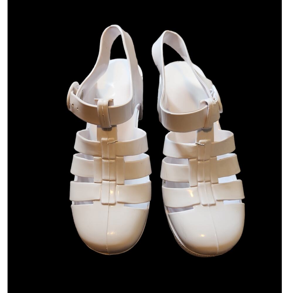USA-Made Vintage Y2K Chunky Heel Jelly Sandals, White, Sz 9